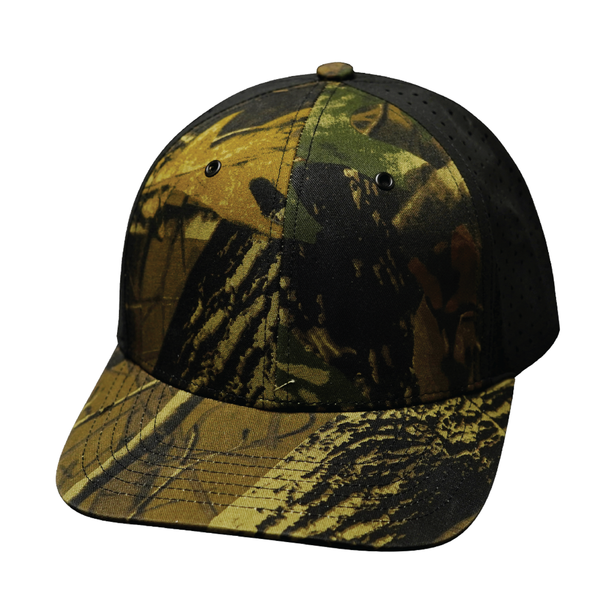 6 Panel - Tan Tree Camo / Black - Laser Mesh (Unisex) (Case Of 5 Hats) $11-$8ea