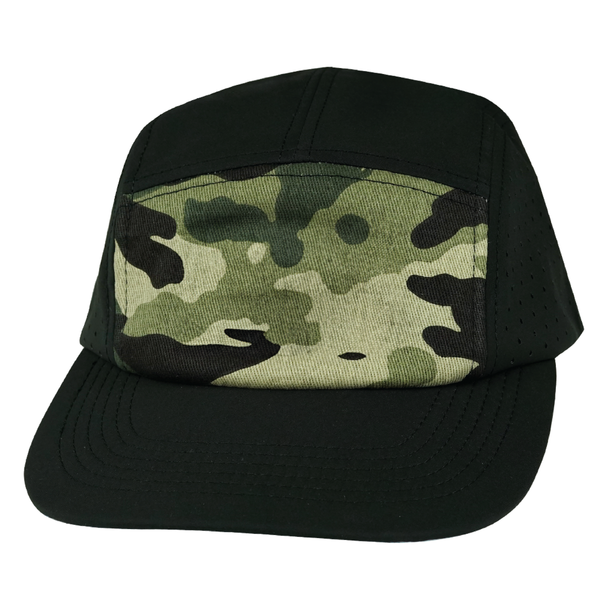 5 Panel - Sporty - Unstructured - Black / Green Camo - Laser Mesh (Unisex) (Case Of 5 Hats) $11-$8ea