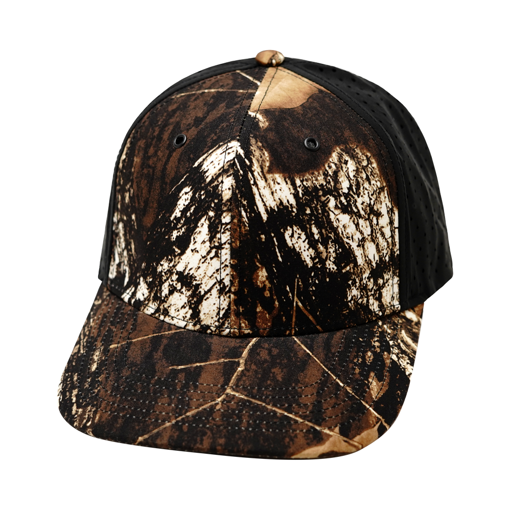 6 Panel - Natural Tree Camo / Black - Laser Mesh (Unisex) (Case Of 5 Hats) $11-$8ea