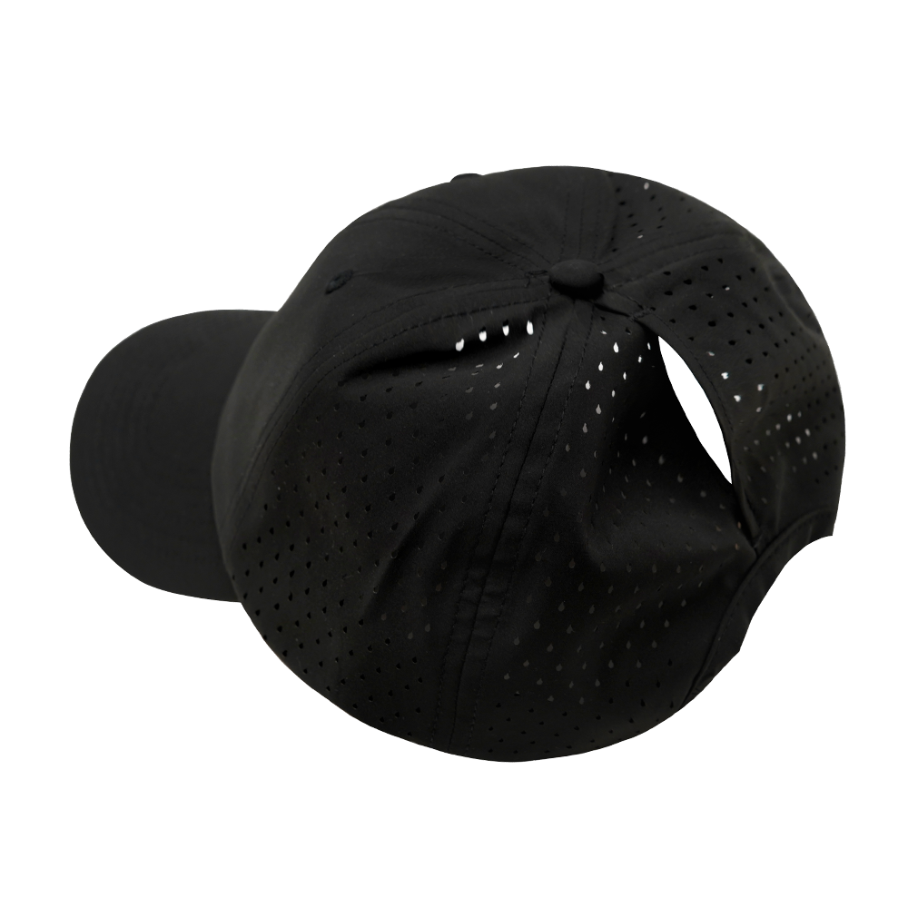 6 Panel - Unstructured - Relaxed Fit - Pony Tail - Black - Laser Mesh (Unisex) (Case Of 5 Hats) $11-$8ea