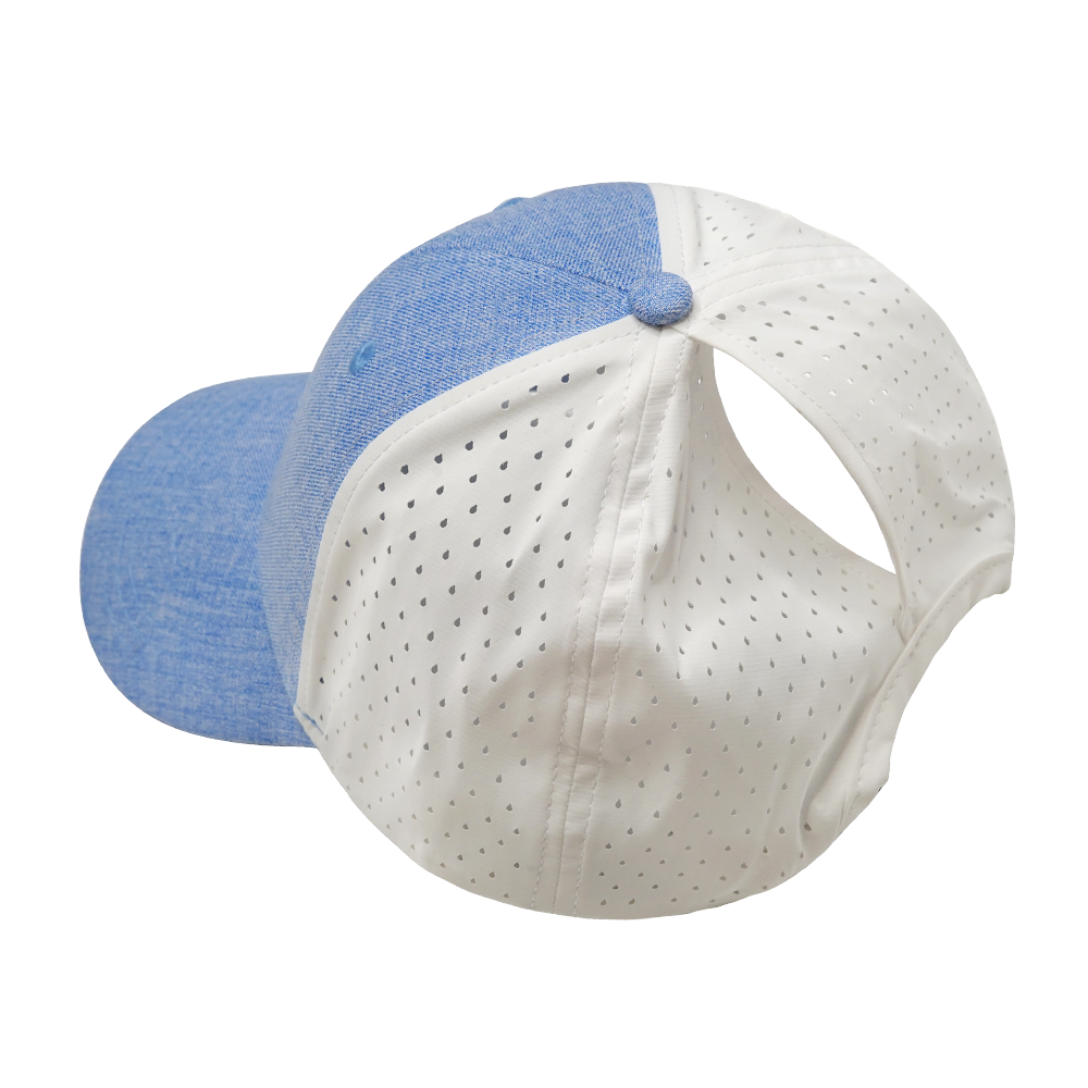 6 Panel - Shallow Fit - Pony Tail - Light Blue / White - Laser Mesh (Unisex) (Case Of 5 Hats) $11-$8ea