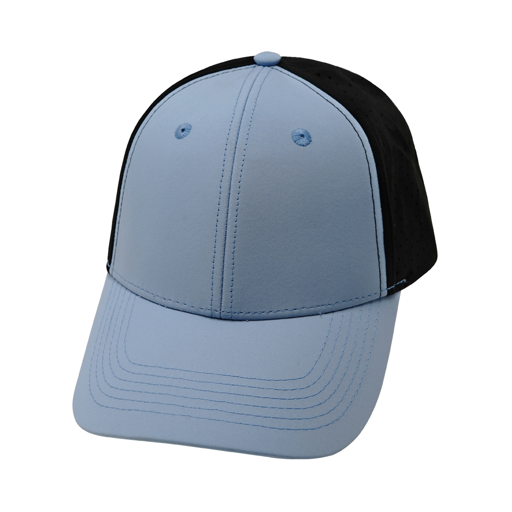 6 panel - Shallow Fit - Pony Tail - Baby Blue / Black - Laser Mesh (Unisex) (Case Of 5 Hats) $11-$8ea