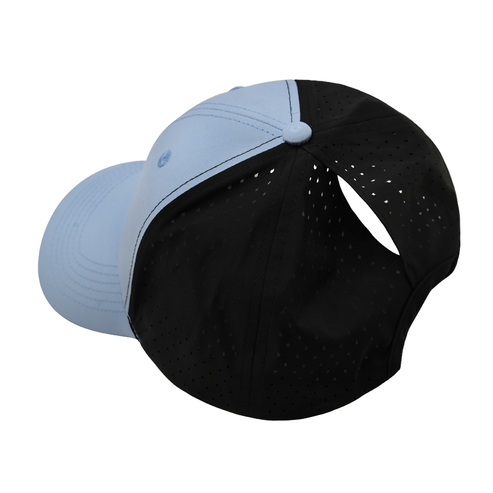6 panel - Shallow Fit - Pony Tail - Baby Blue / Black - Laser Mesh (Unisex) (Case Of 5 Hats) $11-$8ea
