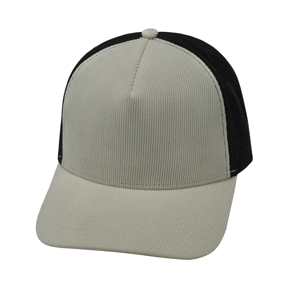 5 Panel - Structured - Corduroy - Cream / Black - Laser Mesh (Unisex) (Case Of 5 Hats) $11-$8ea