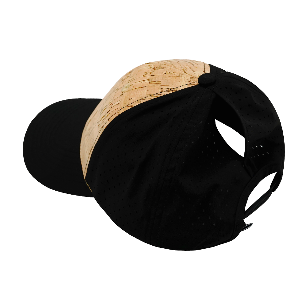 6 Panel - Shallow Fit - Pony Tail - Cork - Black - Laser Mesh (Unisex) (Case Of 5 Hats) $11-$8ea