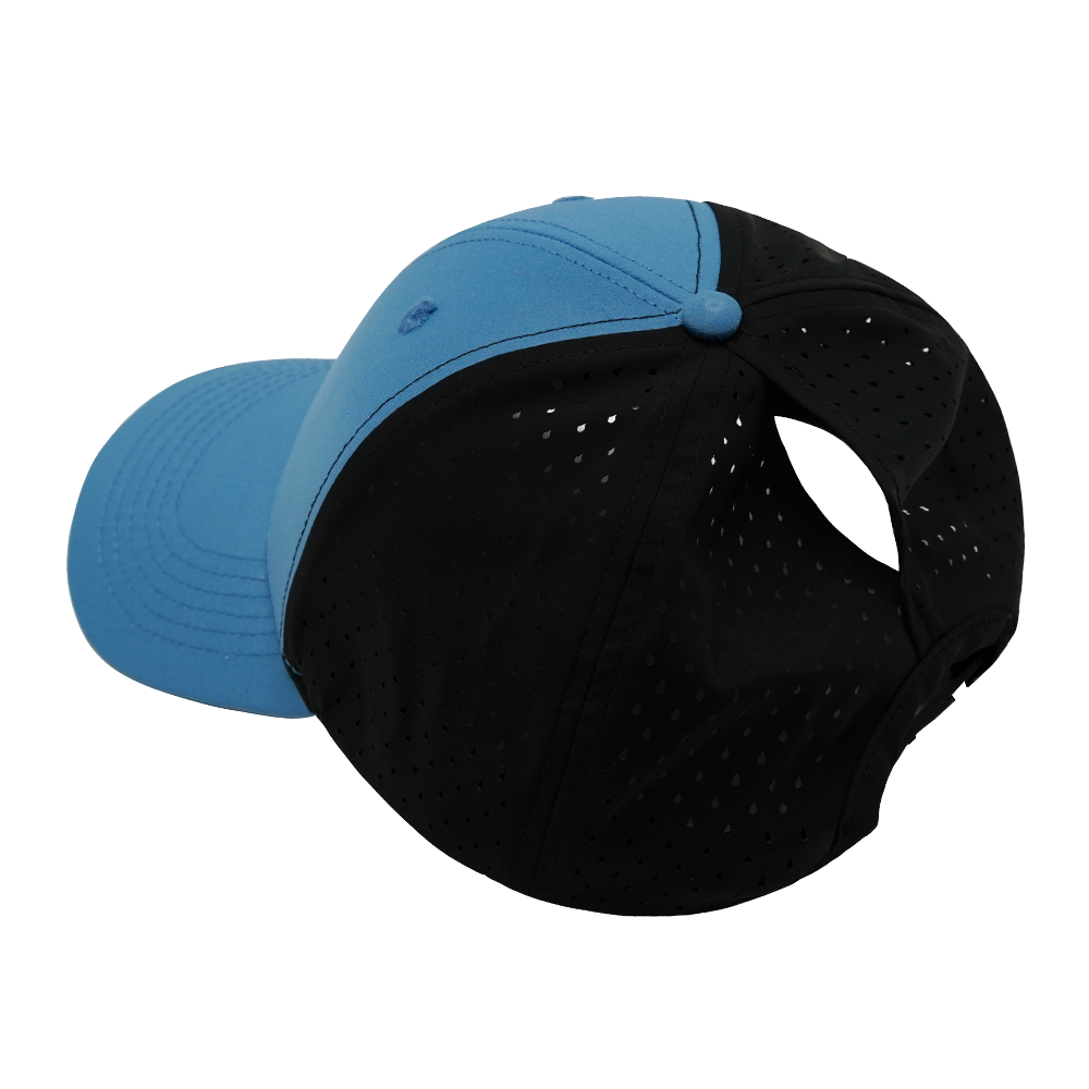 6 Panel - Shallow Fit - Pony Tail - Blue / Black - Laser Mesh (Unisex) (Case Of 5 Hats) $11-$8ea