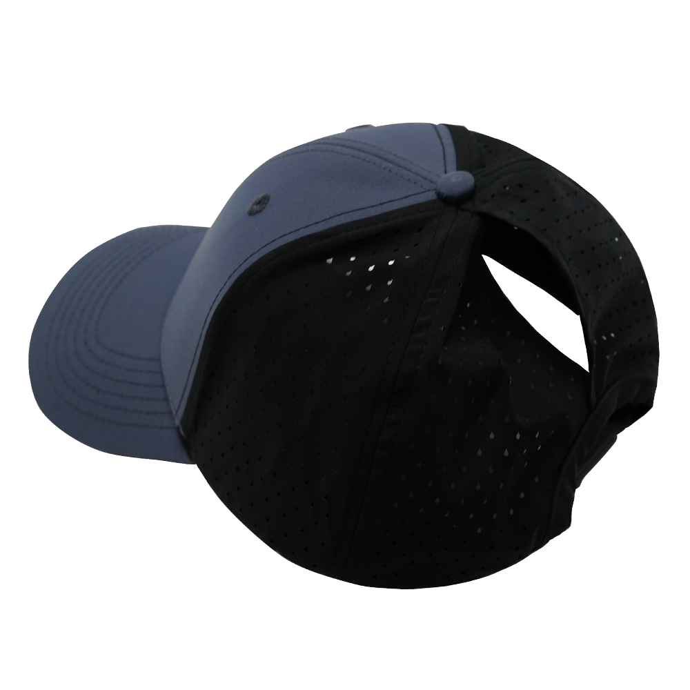 6 Panel - Shallow Fit - Pony Tail - Charcoal / Black - Laser Mesh (Unisex) (Case Of 5 Hats) $11-$8ea