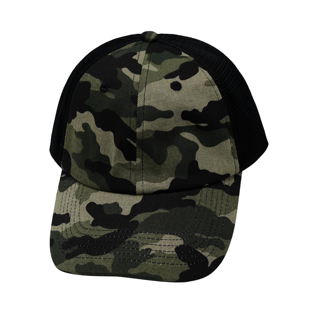 6 Panel - Unstructured - Camo / Black - Soft Trucker Mesh (Unisex) (Case Of 5 Hats) $11-$8ea