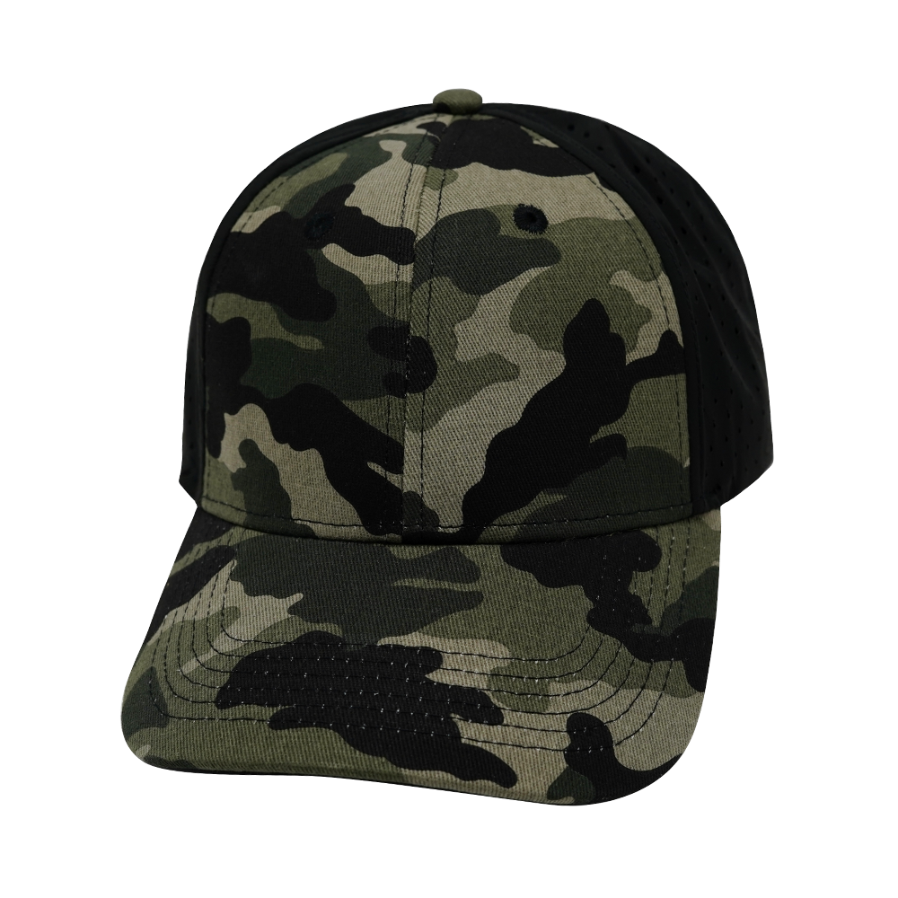 6 Panel - Shallow Fit - Pony Tail - Light Camo / Black - Laser Mesh (Unisex) (Case Of 5 Hats) $11-$8ea