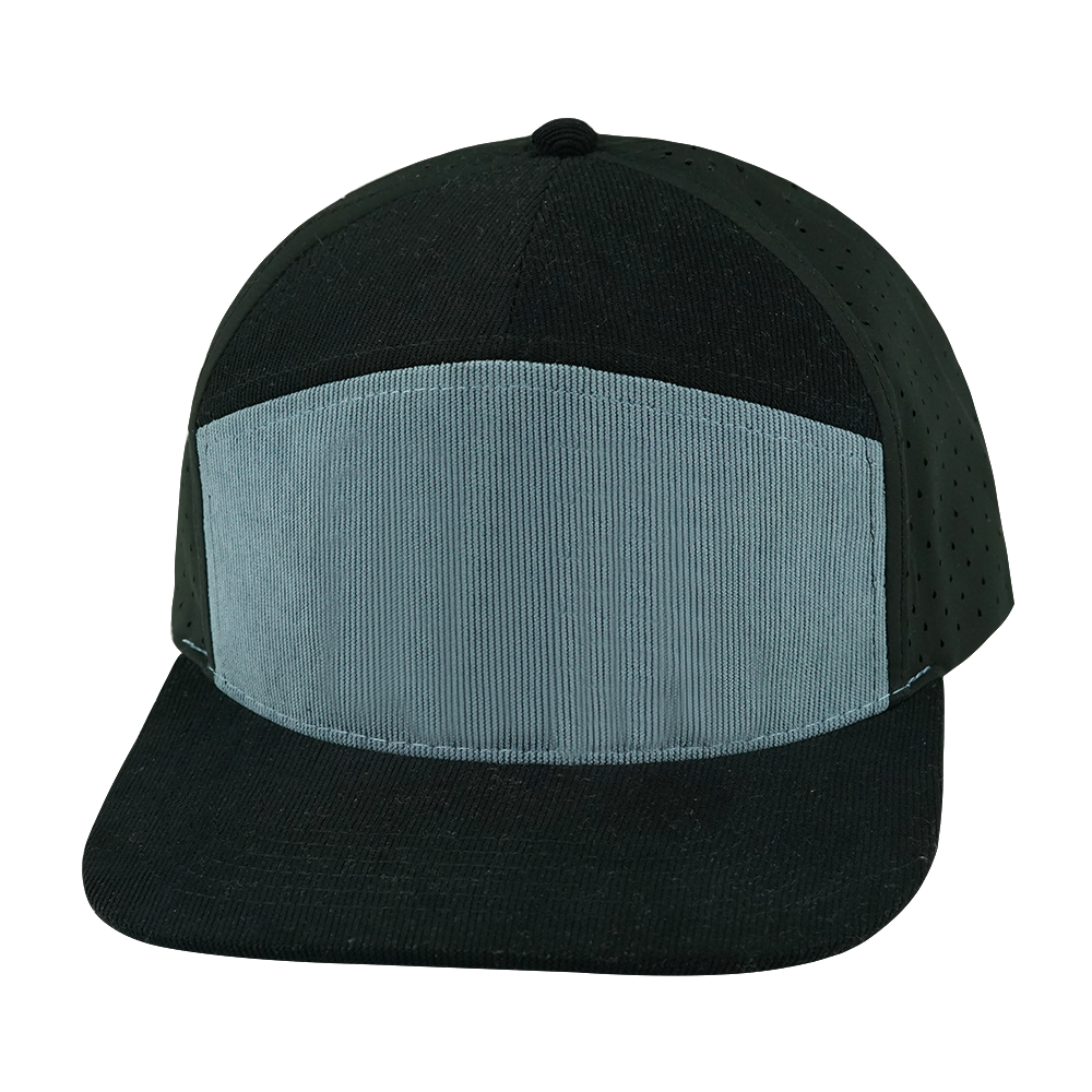 7 Panel - Corduroy - Black / Gray Blue - Laser Mesh (Unisex) (Case Of 5 Hats) $11-$8ea