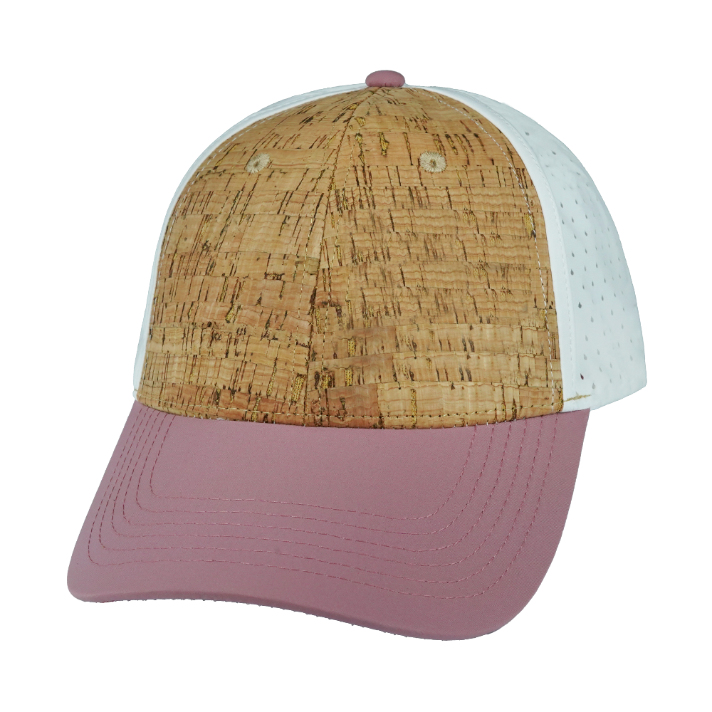 6 Panel - Shallow Fit - Pony Tail - Cork - Dusty Pink / White - Laser Mesh (Unisex) (Case Of 5 Hats) $11-$8ea