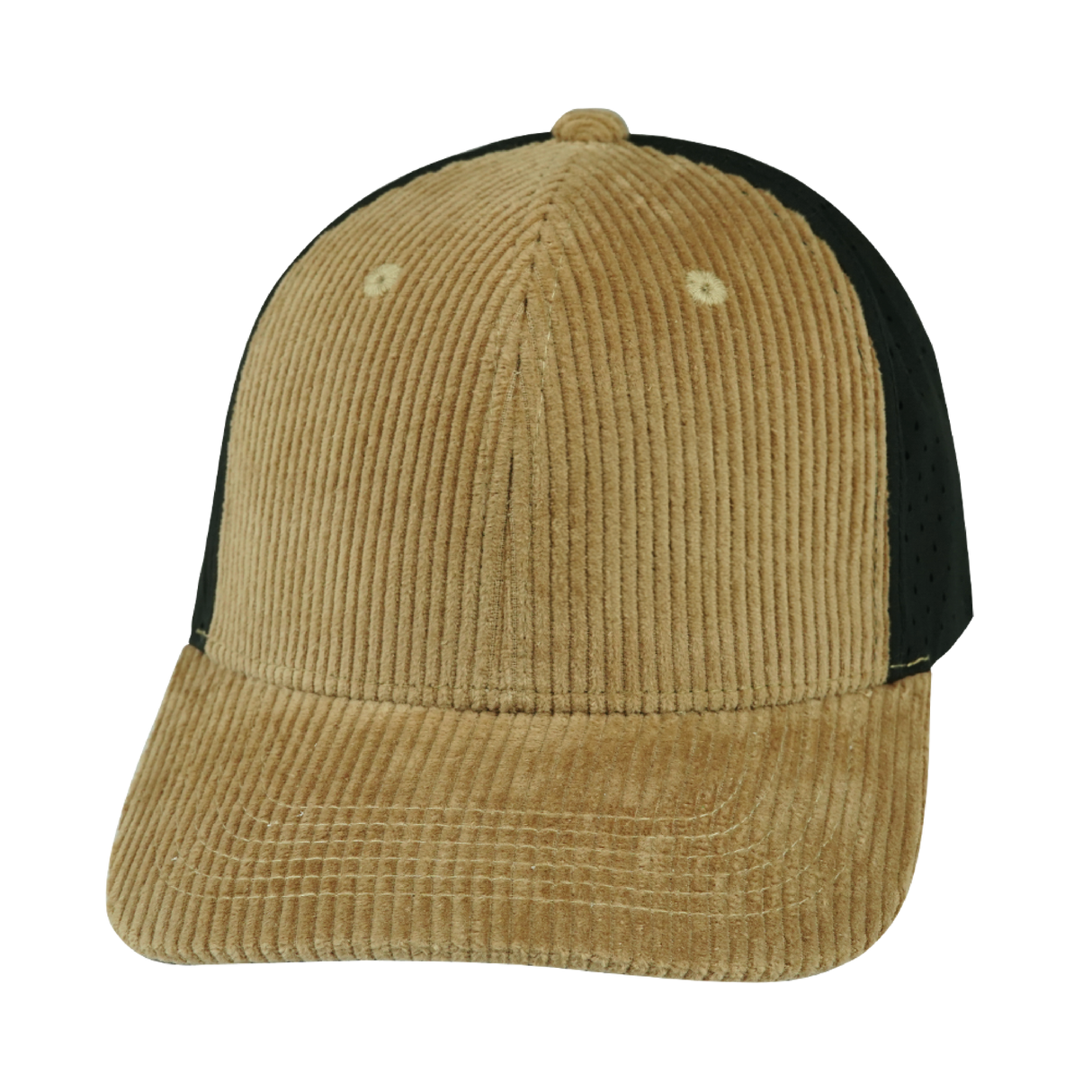 6 Panel - Corduroy - Tan / Black - Laser Mesh (Unisex) (Case Of 5 Hats) $11-$8ea