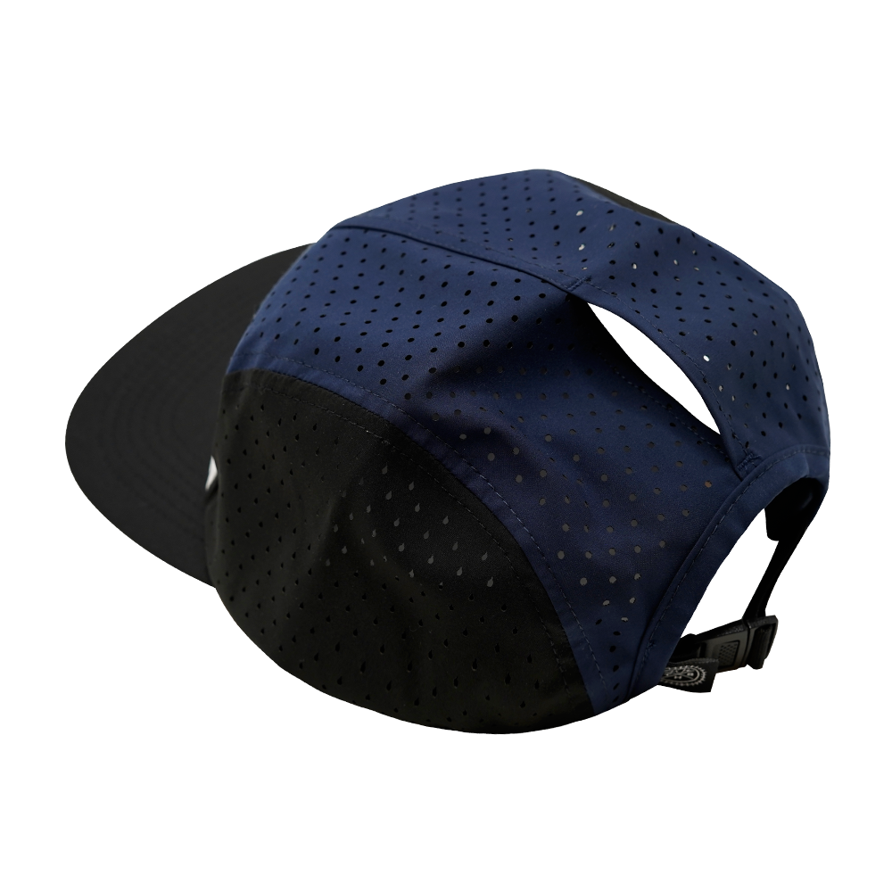 5 Panel - Sporty - Unstructured - Pony Tail - Black / White / Navy - Laser Mesh (Unisex) (Case Of 5 Hats) $11-$8ea
