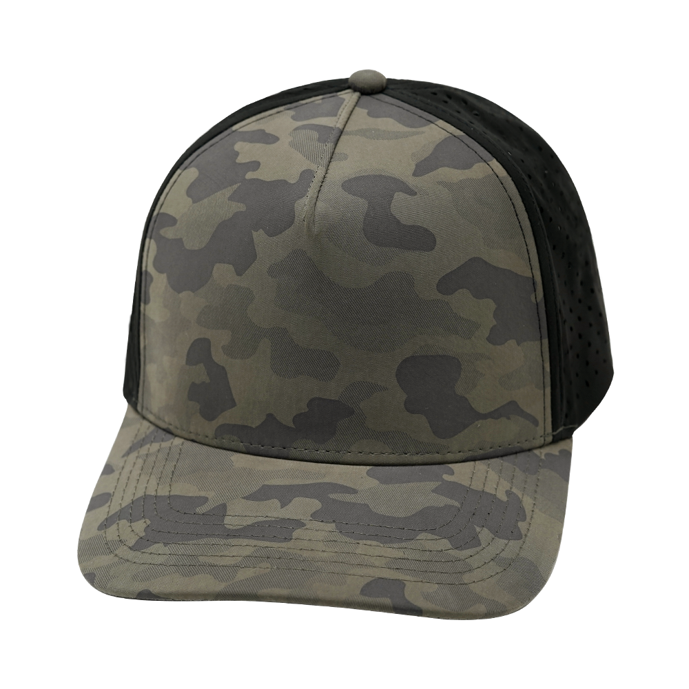 5 Panel - Structured - Charcoal Camo / Black - Laser Mesh (Unisex) Case Of 5 Hats) $11-$8ea