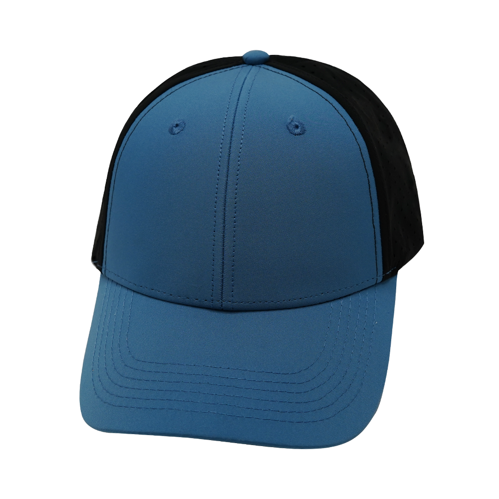6 Panel - Shallow Fit - Pony Tail - Blue / Black - Laser Mesh (Unisex) (Case Of 5 Hats) $11-$8ea