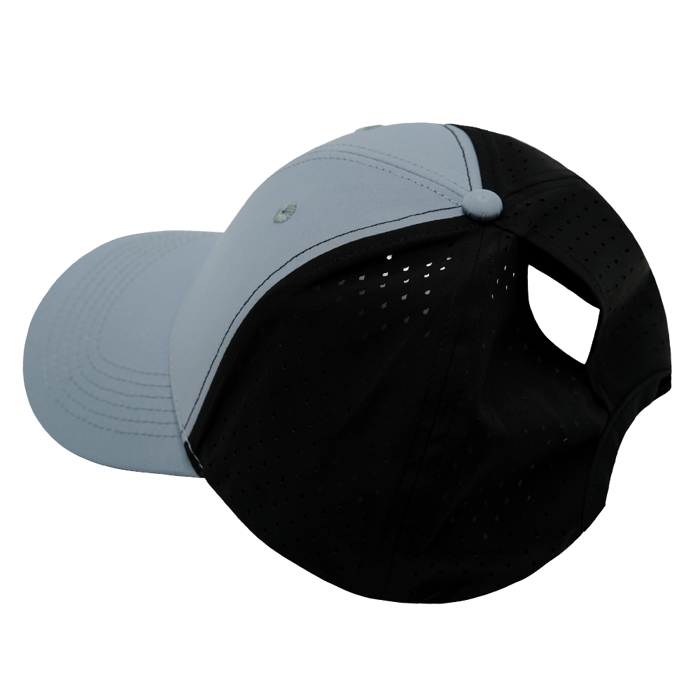 6 Panel - Shallow Fit - Pony Tail - Gray Blue / Black - Laser Mesh (Unisex) (Case Of 5 Hats) $11-$8ea
