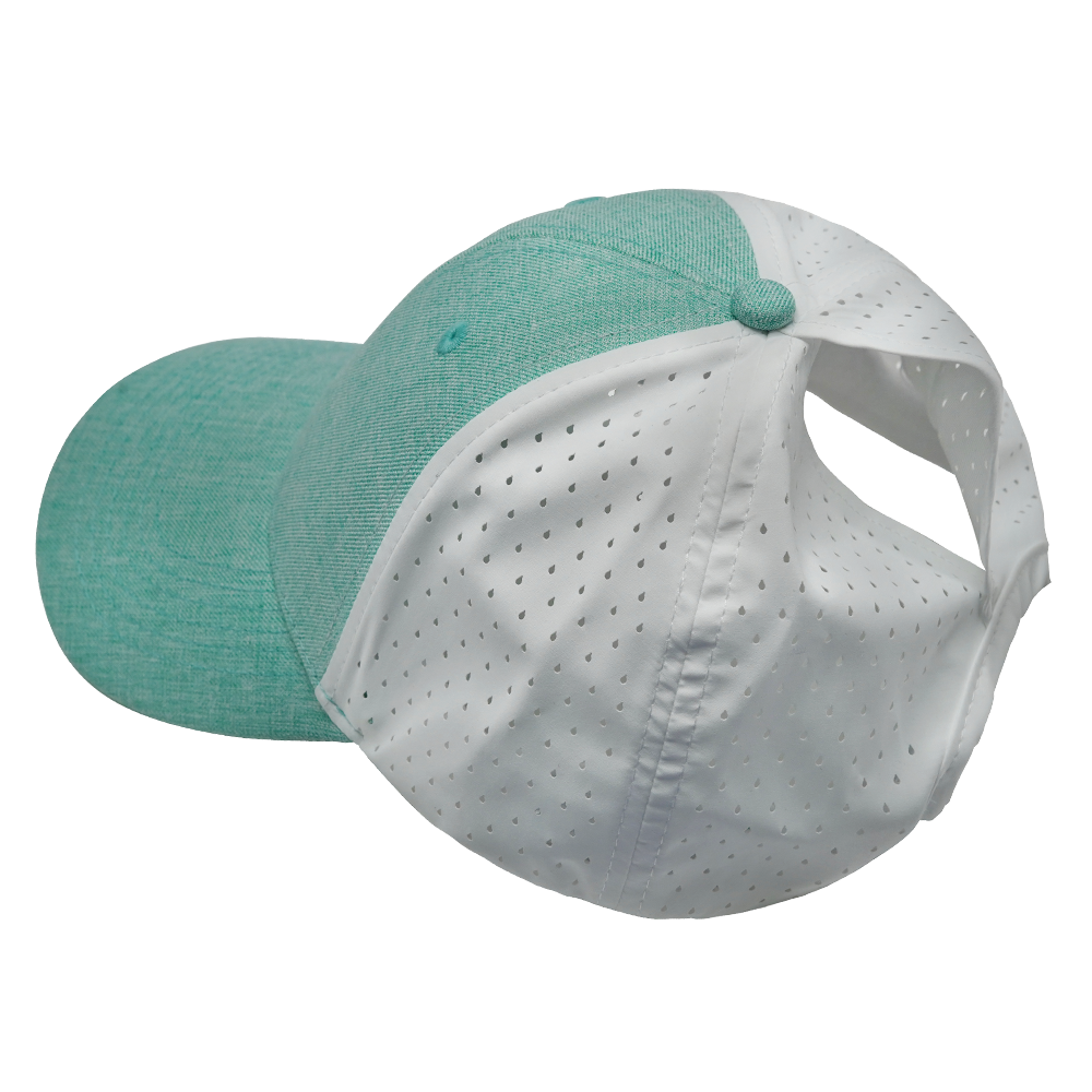 6 Panel - Shallow Fit - Pony Tail - Teal / White - Laser Mesh (Unisex) (Case Of 5 Hats) $11-$8ea