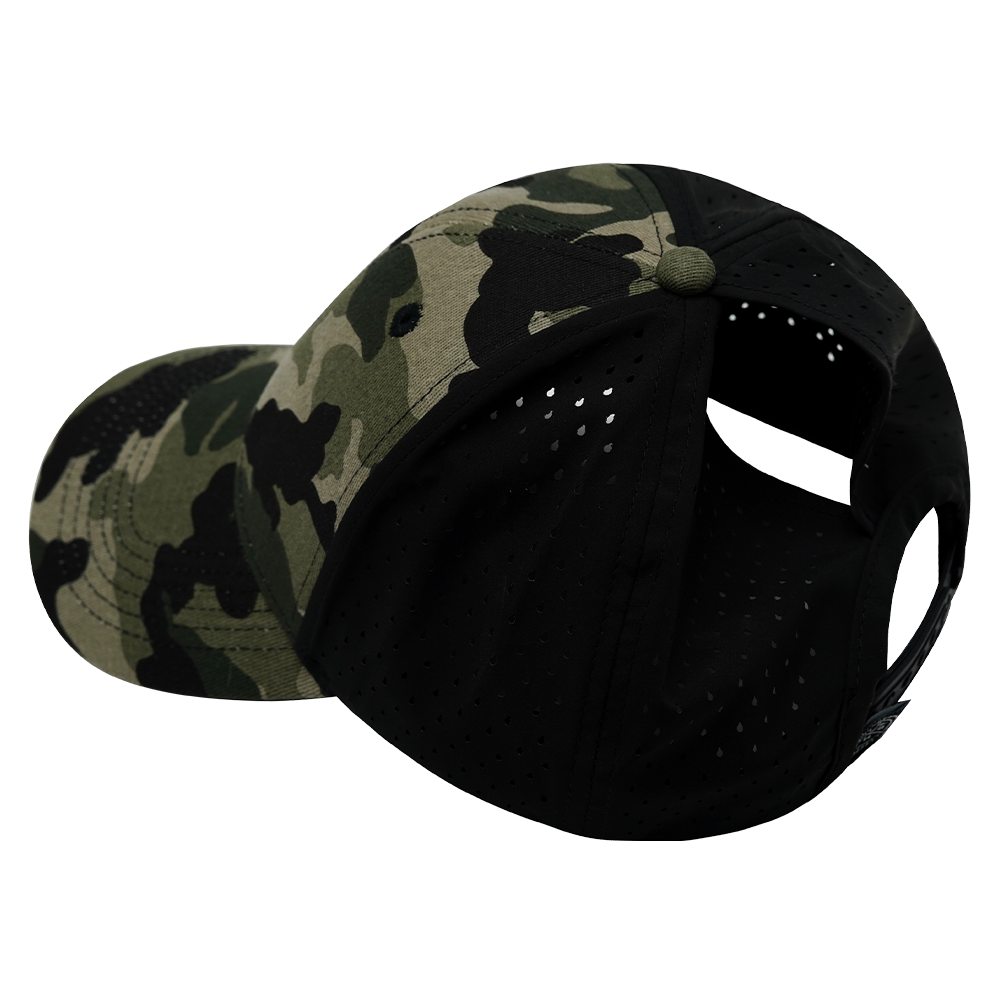6 Panel - Shallow Fit - Pony Tail - Light Camo / Black - Laser Mesh (Unisex) (Case Of 5 Hats) $11-$8ea