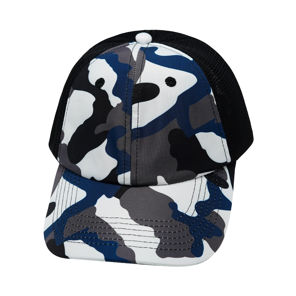 6 Panel - Unstructured - Camo - Cream / Gray / Blue / Black - Soft Trucker Mesh (Unisex) (Case Of 5 Hats) $11-$8ea