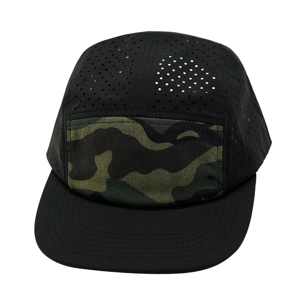5 Panel - Sporty - Unstructured - Black / Camo - Laser Mesh (Unisex) (Case Of 5 Hats) $11-$8ea