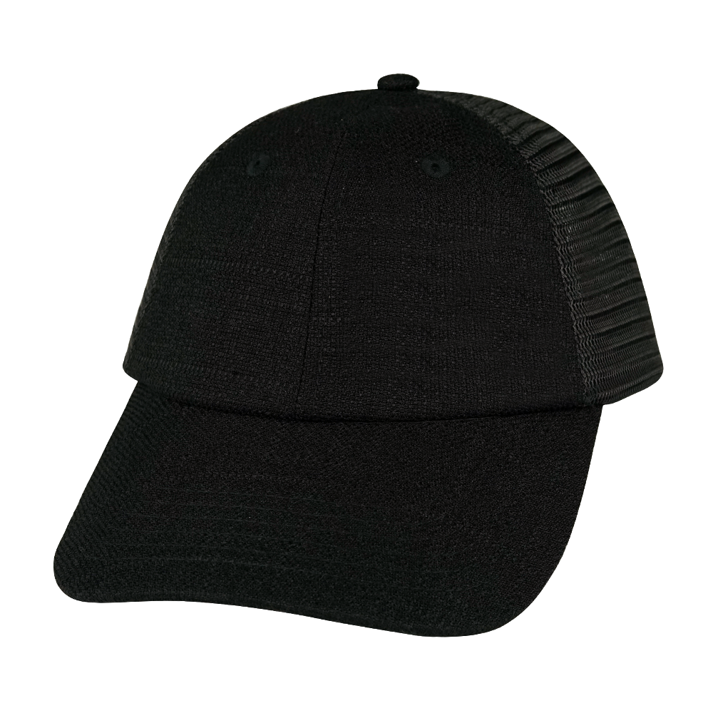 6 Panel - Shallow Fit - Unstructured - Black Hemp / Black - Soft Trucker Mesh (Unisex) (Case Of 5 Hats) $11-$8ea