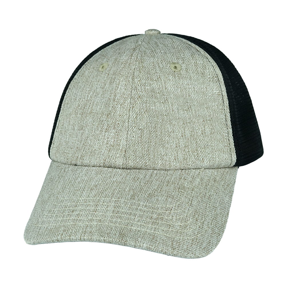 6 Panel - Unstructured - Gray Tan Hemp / Black - Soft Trucker Mesh (Unisex) (Case Of 5 Hats) $11-$8ea