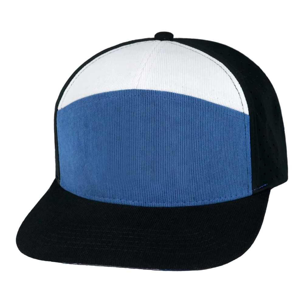 7 Panel - Corduroy - Black / Blue / White - Laser Mesh (Unisex) (Case Of 5 Hats) $11-$8ea