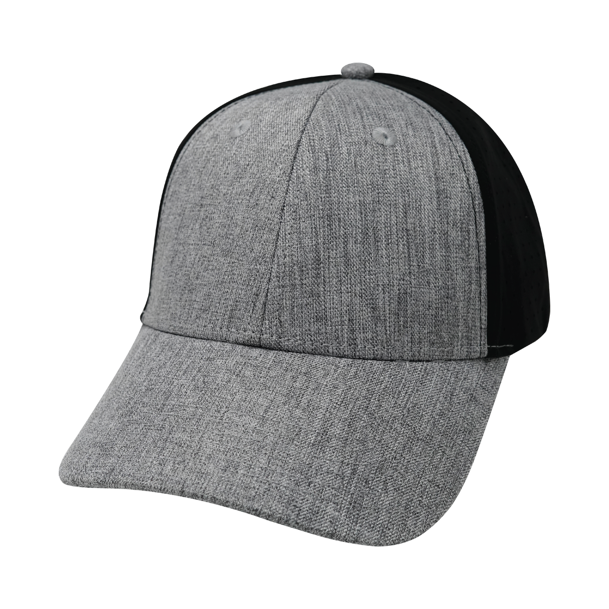 6 Panel - Shallow Fit - Pony Tail - Heather Gray / Black - Laser Mesh (Unisex) (Case Of 5 Hats) $11-$8ea