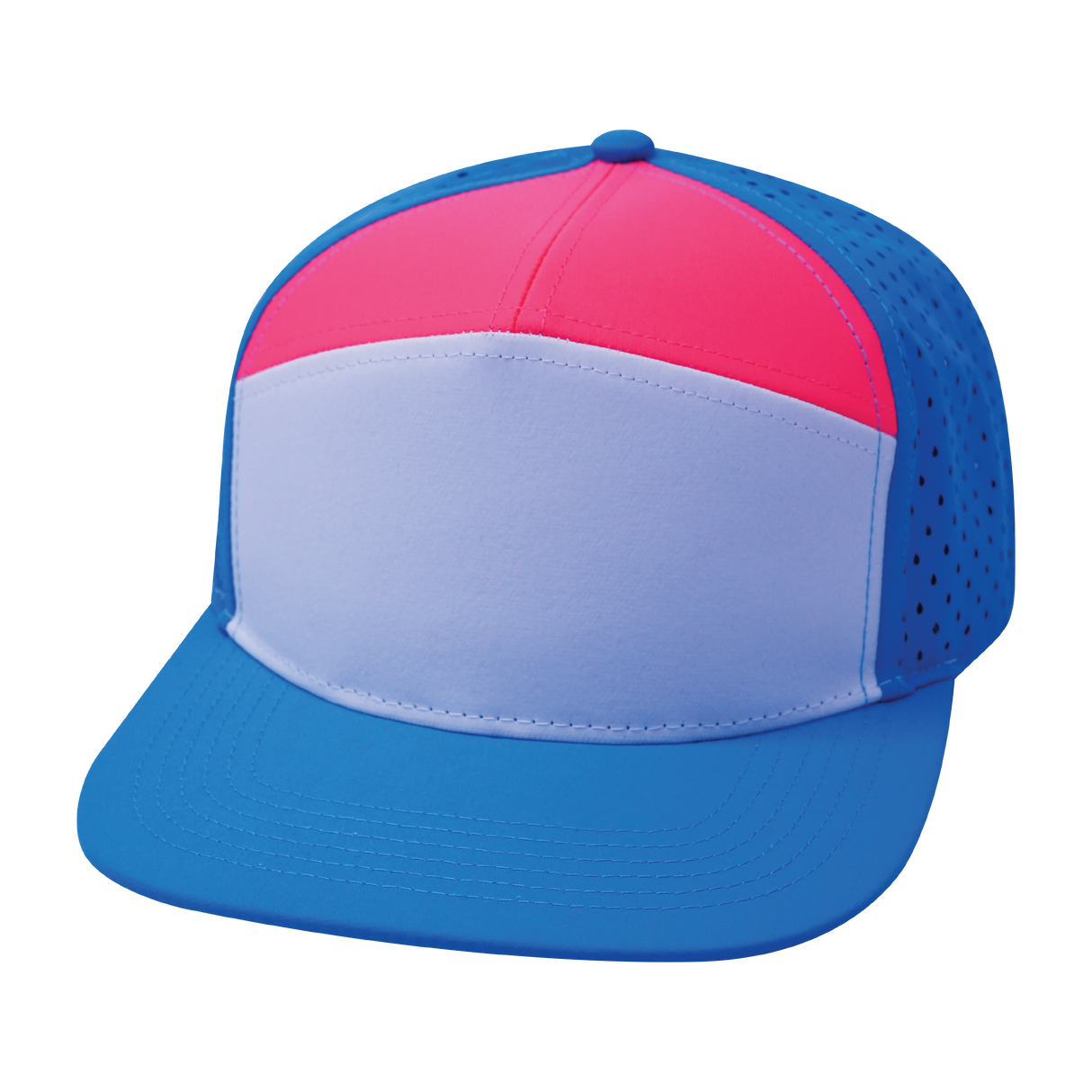 7 Panel - Neon Blue / White / Neon Peach - Laser Mesh (Case Of 5 Hats) $11-$8ea