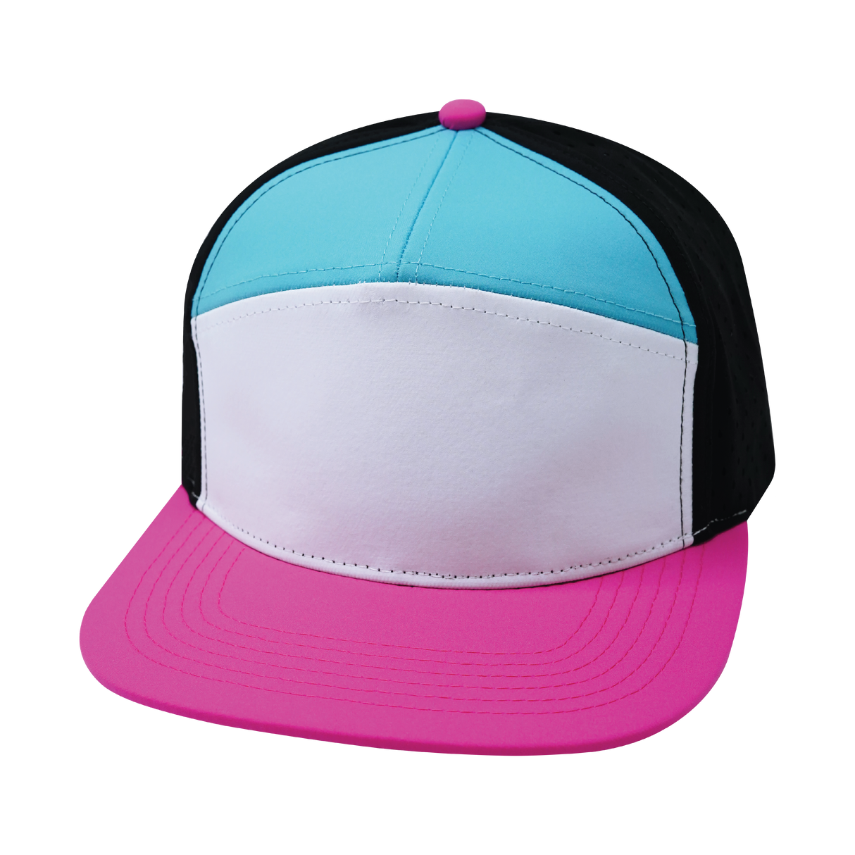 7 Panel - Neon Pink / White / Neon Blue Green / Black - Laser Mesh (Case Of 5 Hats) $11-$8ea